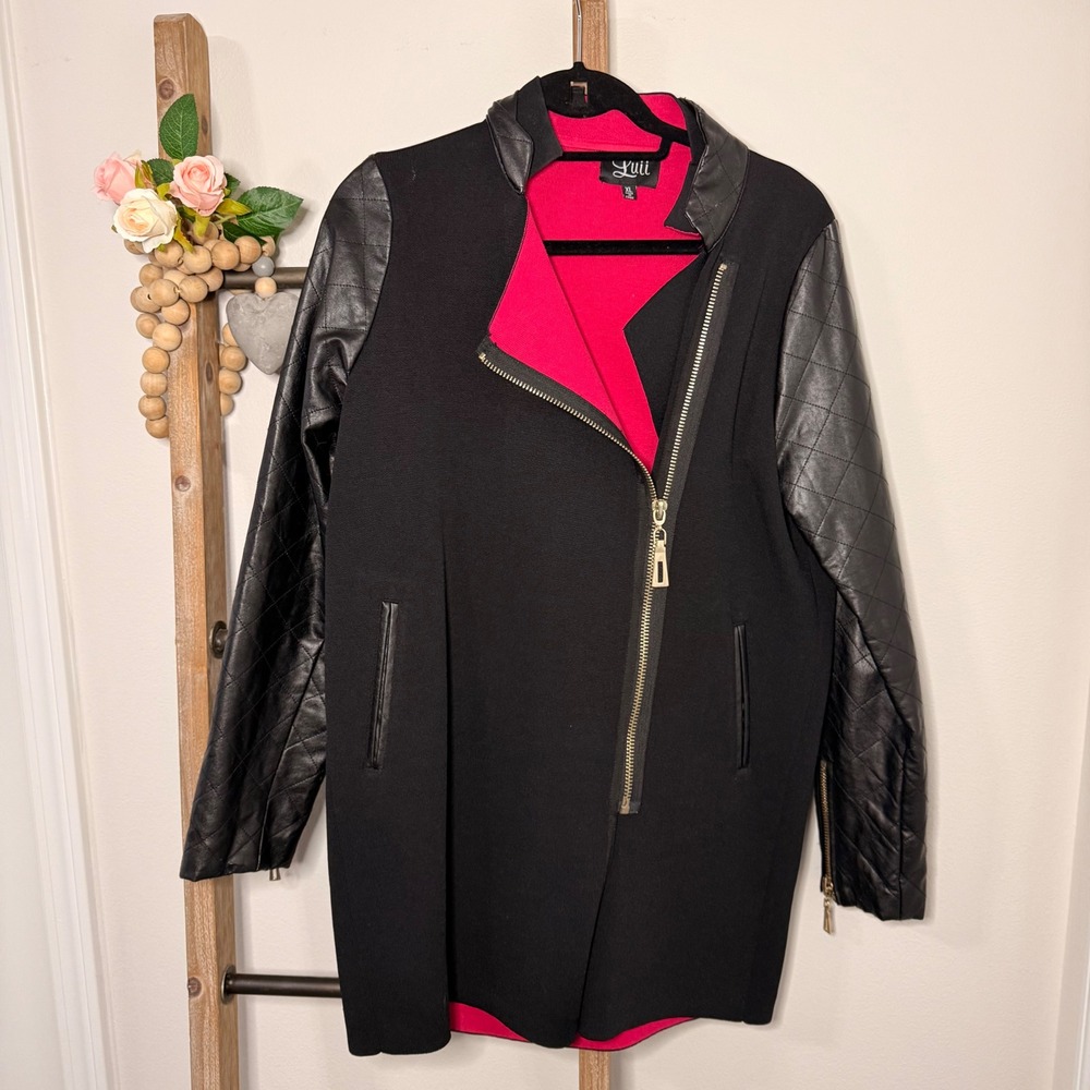 Luii Asymmetric Zip Coat Black Quilted Faux Leather Sleeves Pink Lining XL